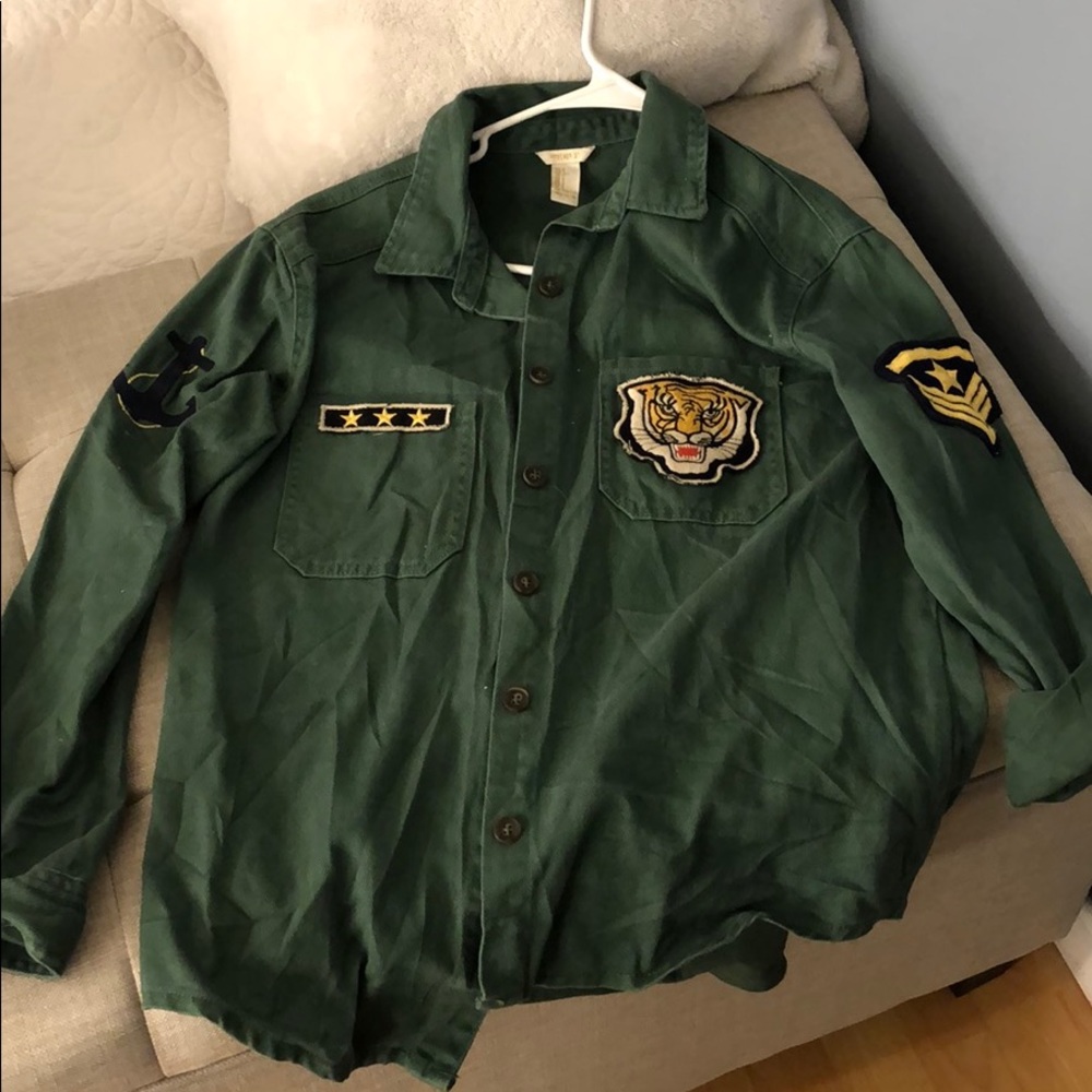 Olive Green Patch Denim Shirt